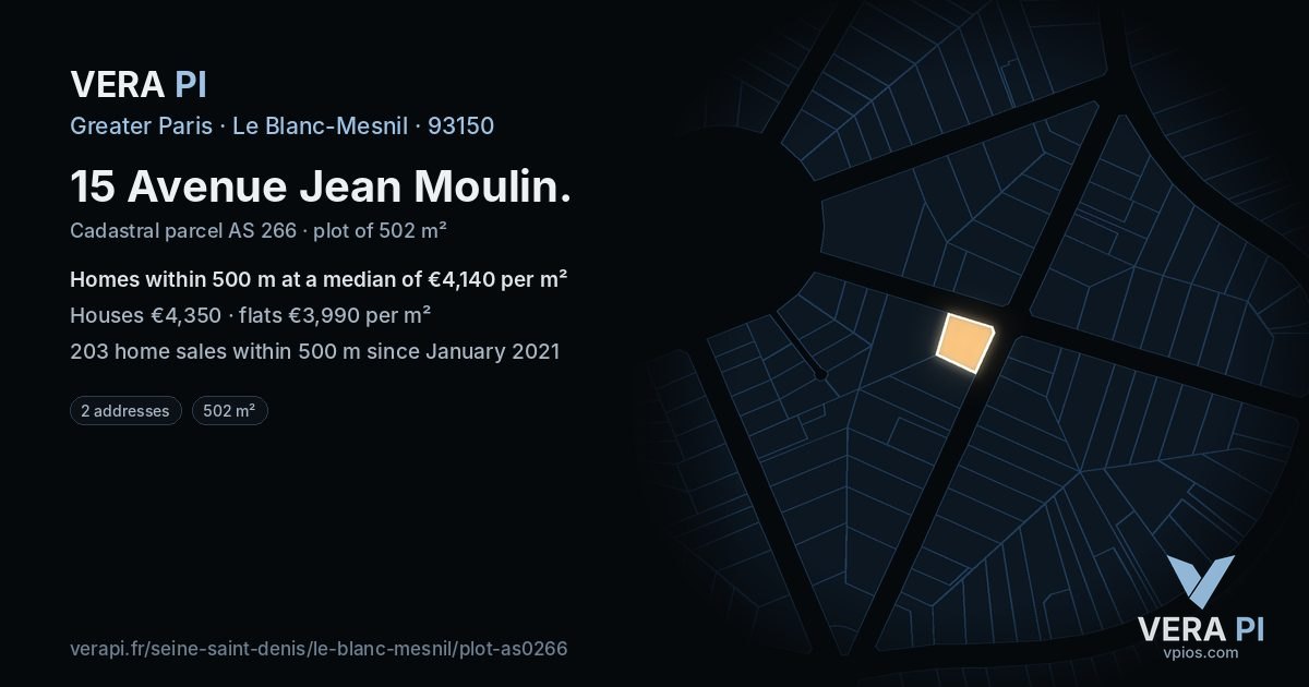 15 Avenue Jean Moulin, Le Blanc-Mesnil at night – the plot lit, the parcels around coloured by the prices near them
