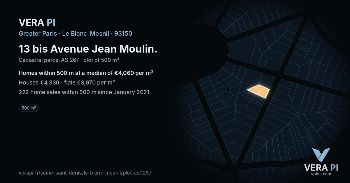 13 bis Avenue Jean Moulin, Le Blanc-Mesnil at night – the plot lit, the parcels around coloured by the prices near them