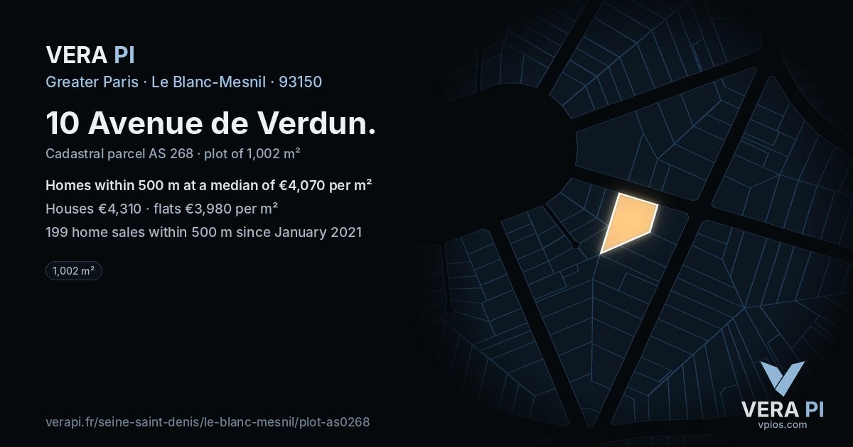 10 Avenue de Verdun, Le Blanc-Mesnil at night – the plot lit, the parcels around coloured by the prices near them