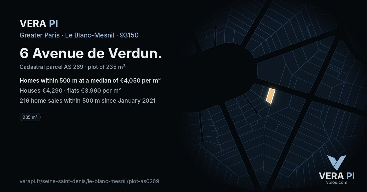 6 Avenue de Verdun, Le Blanc-Mesnil at night – the plot lit, the parcels around coloured by the prices near them