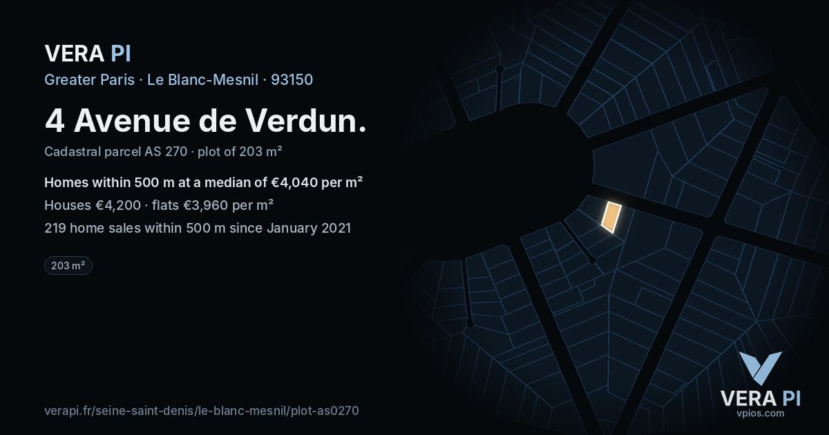 4 Avenue de Verdun, Le Blanc-Mesnil at night – the plot lit, the parcels around coloured by the prices near them