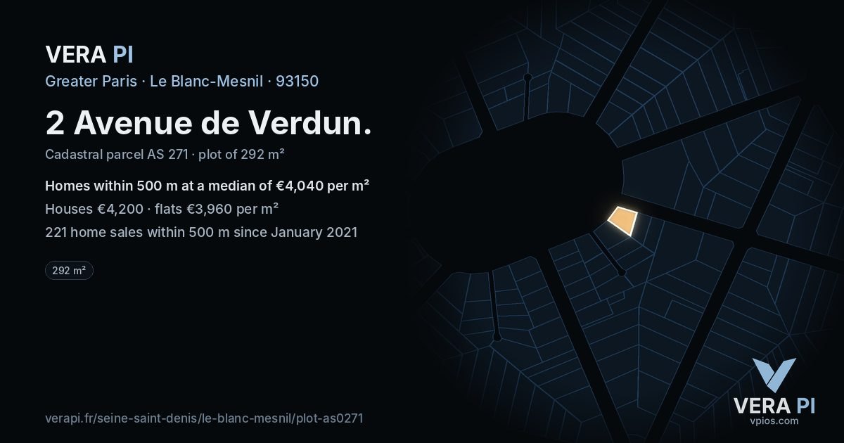 2 Avenue de Verdun, Le Blanc-Mesnil at night – the plot lit, the parcels around coloured by the prices near them
