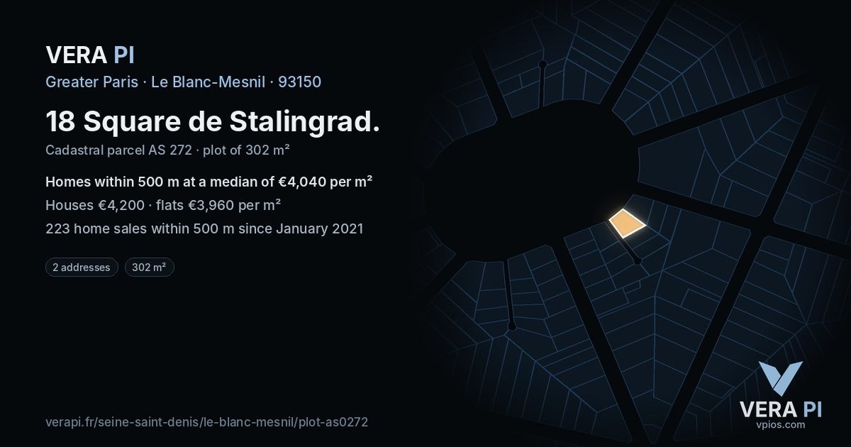 18 Square de Stalingrad, Le Blanc-Mesnil at night – the plot lit, the parcels around coloured by the prices near them