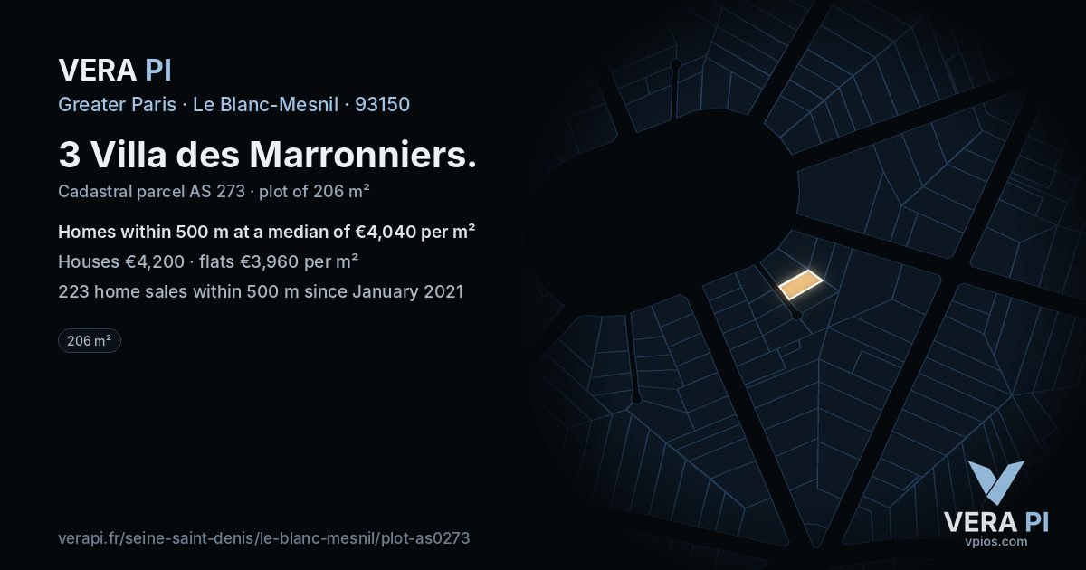 3 Villa des Marronniers, Le Blanc-Mesnil at night – the plot lit, the parcels around coloured by the prices near them