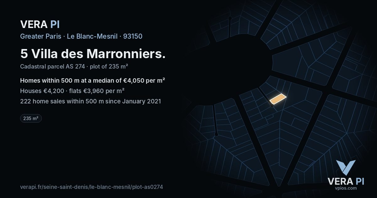 5 Villa des Marronniers, Le Blanc-Mesnil at night – the plot lit, the parcels around coloured by the prices near them