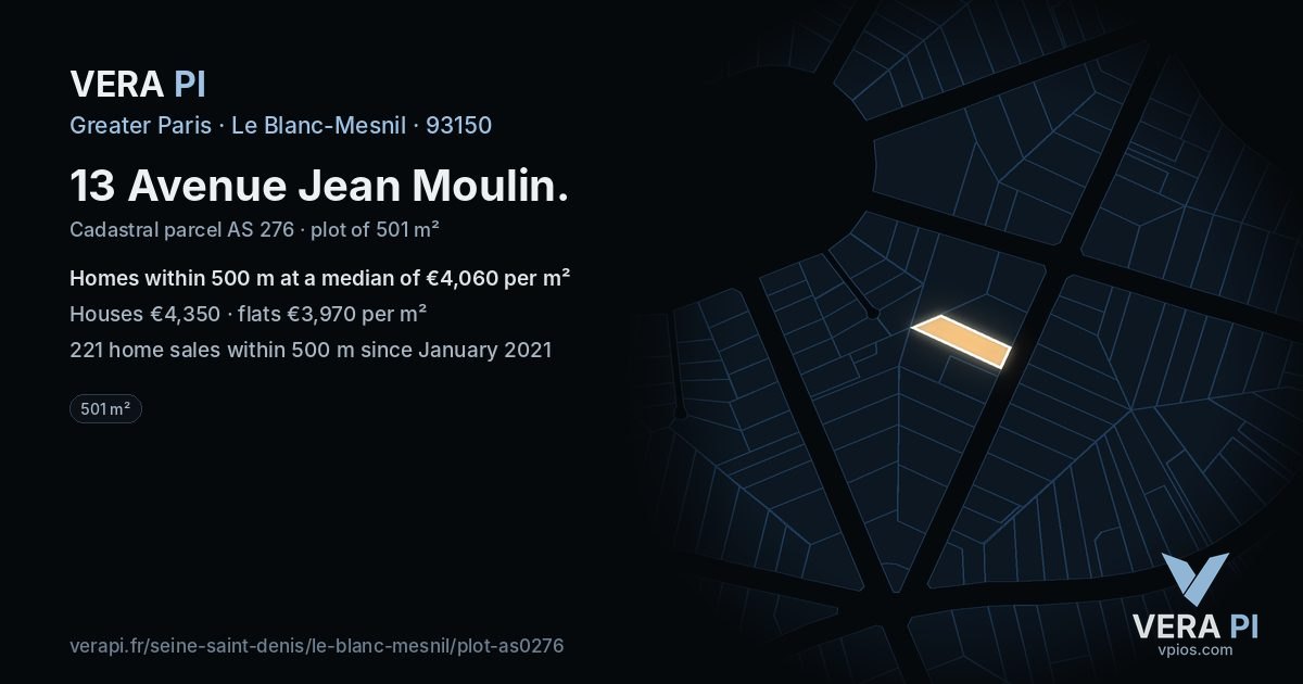 13 Avenue Jean Moulin, Le Blanc-Mesnil at night – the plot lit, the parcels around coloured by the prices near them