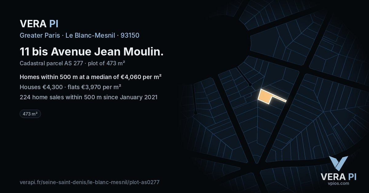 11 bis Avenue Jean Moulin, Le Blanc-Mesnil at night – the plot lit, the parcels around coloured by the prices near them