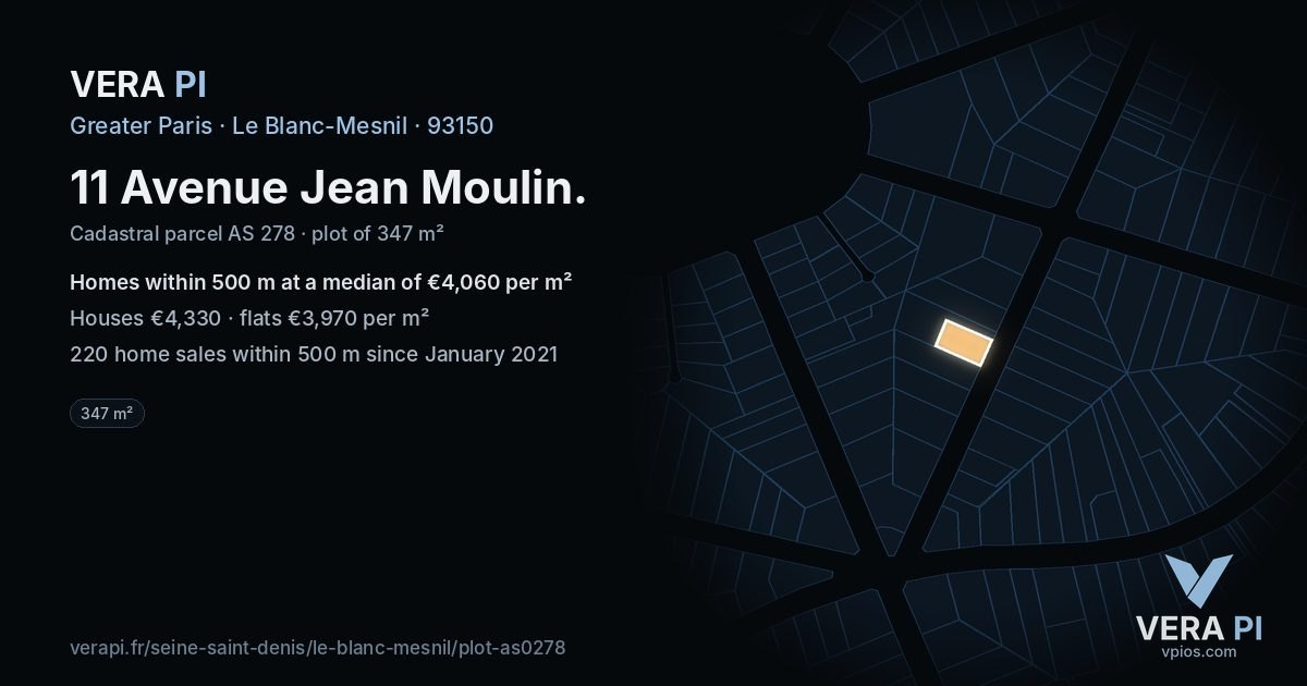 11 Avenue Jean Moulin, Le Blanc-Mesnil at night – the plot lit, the parcels around coloured by the prices near them