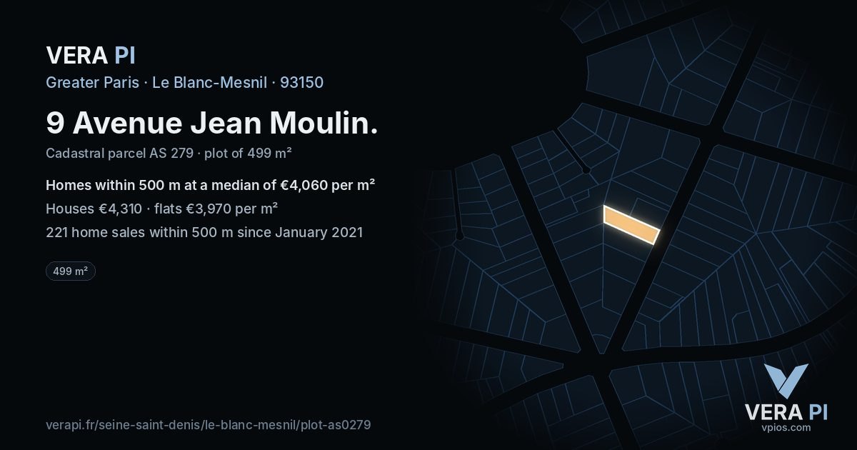 9 Avenue Jean Moulin, Le Blanc-Mesnil at night – the plot lit, the parcels around coloured by the prices near them