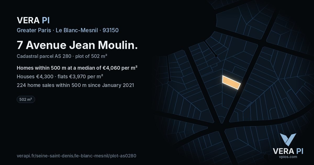 7 Avenue Jean Moulin, Le Blanc-Mesnil at night – the plot lit, the parcels around coloured by the prices near them
