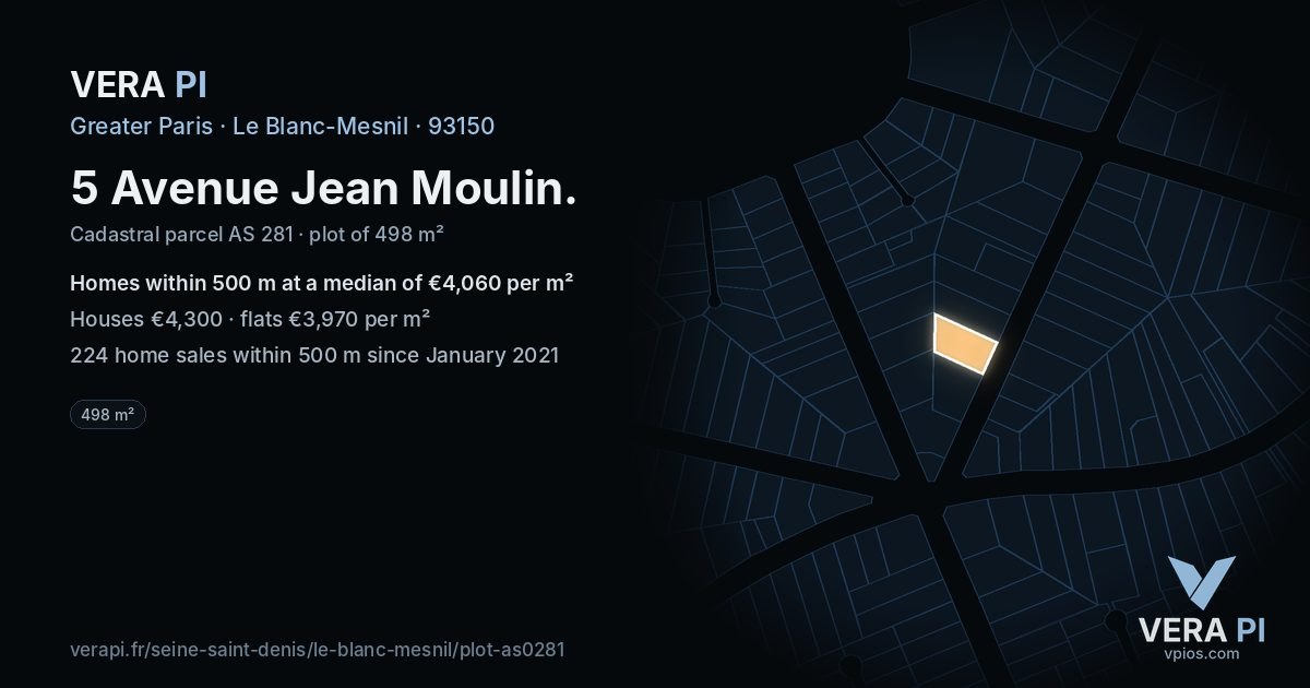 5 Avenue Jean Moulin, Le Blanc-Mesnil at night – the plot lit, the parcels around coloured by the prices near them