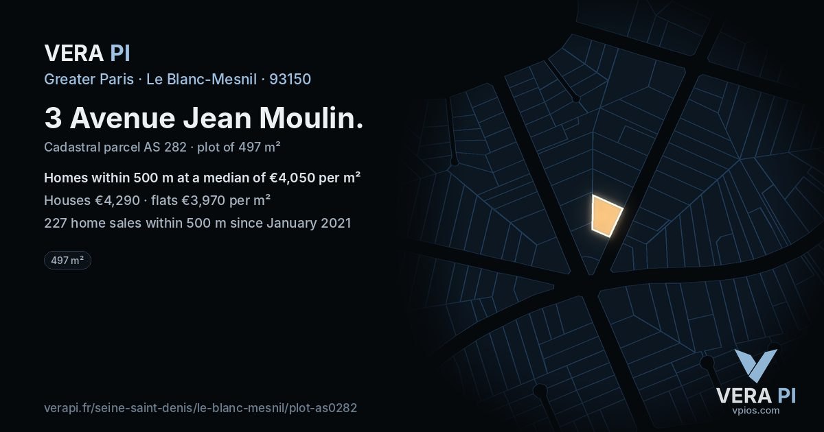 3 Avenue Jean Moulin, Le Blanc-Mesnil at night – the plot lit, the parcels around coloured by the prices near them