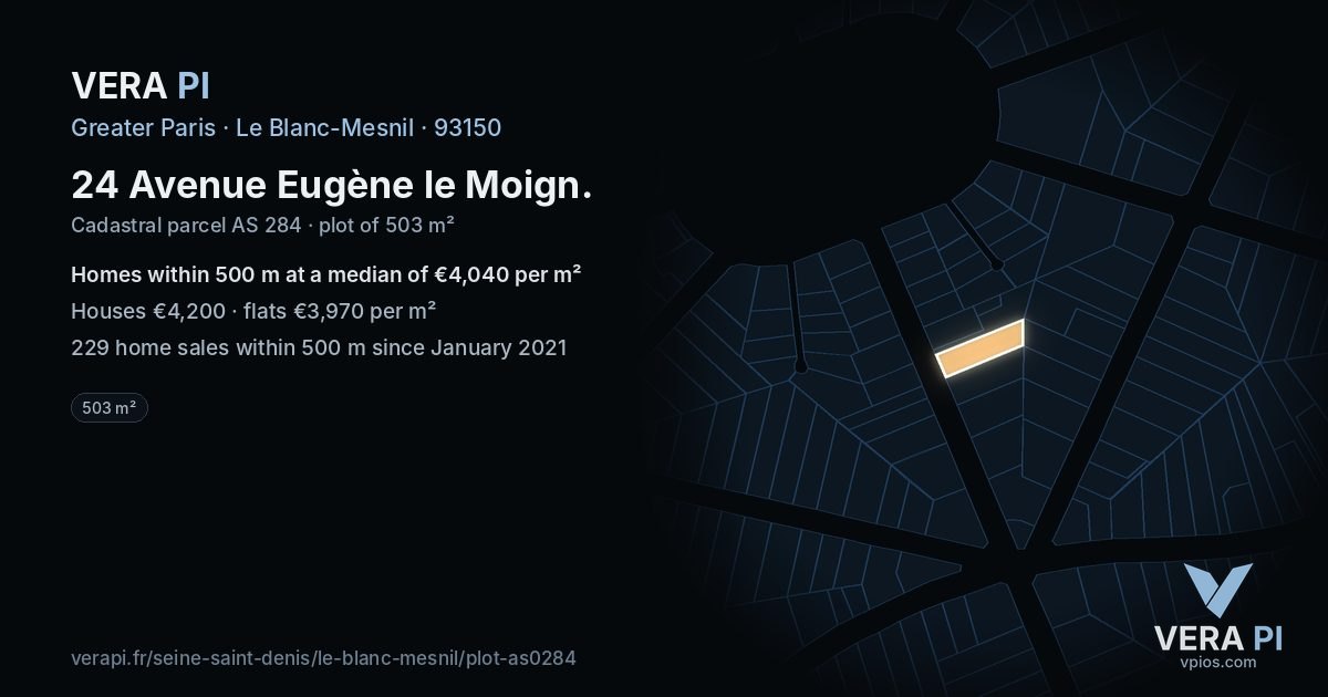 24 Avenue Eugène le Moign, Le Blanc-Mesnil at night – the plot lit, the parcels around coloured by the prices near them