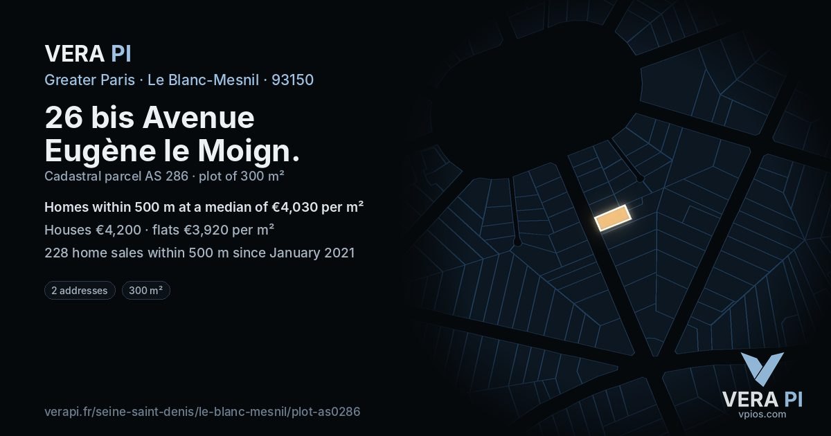 26 bis Avenue Eugène le Moign, Le Blanc-Mesnil at night – the plot lit, the parcels around coloured by the prices near them