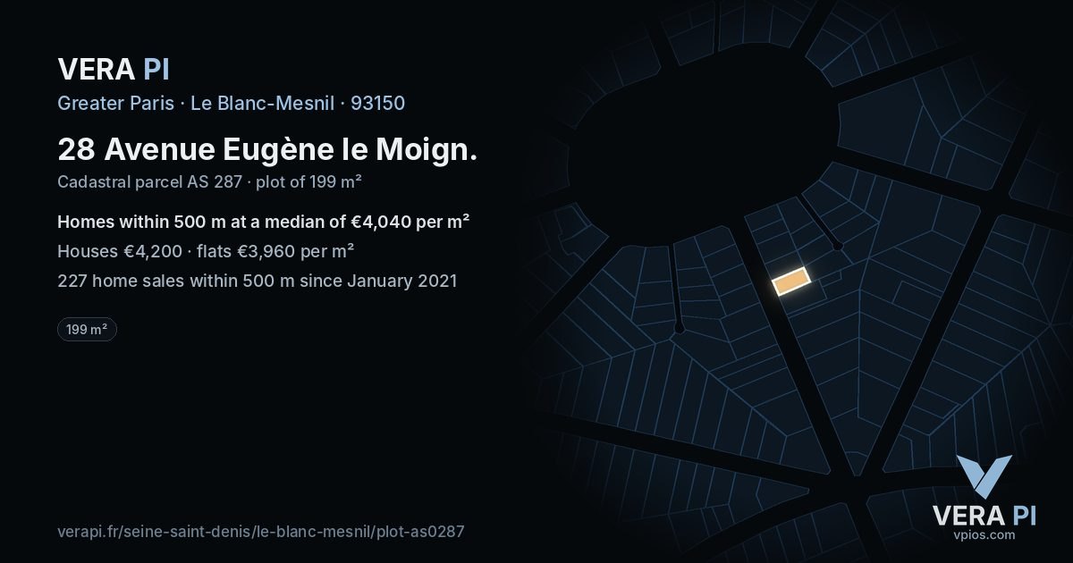28 Avenue Eugène le Moign, Le Blanc-Mesnil at night – the plot lit, the parcels around coloured by the prices near them