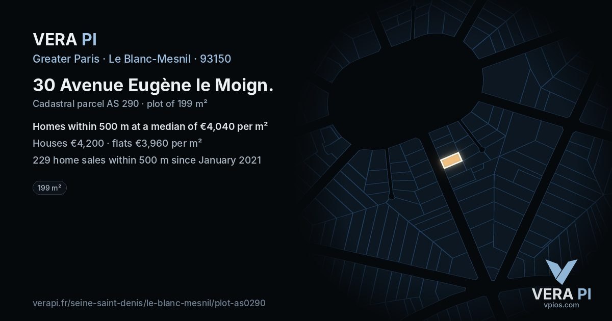 30 Avenue Eugène le Moign, Le Blanc-Mesnil at night – the plot lit, the parcels around coloured by the prices near them
