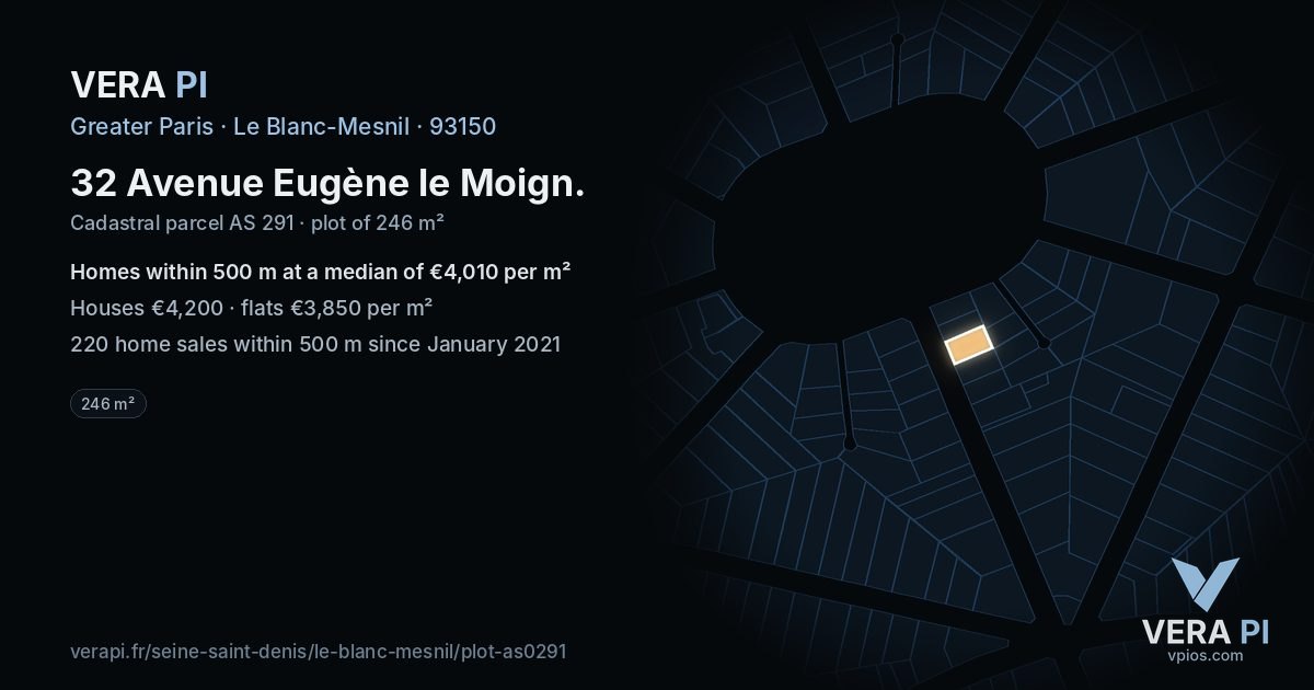32 Avenue Eugène le Moign, Le Blanc-Mesnil at night – the plot lit, the parcels around coloured by the prices near them