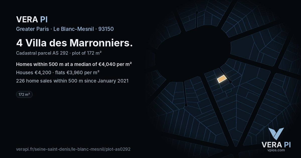 4 Villa des Marronniers, Le Blanc-Mesnil at night – the plot lit, the parcels around coloured by the prices near them