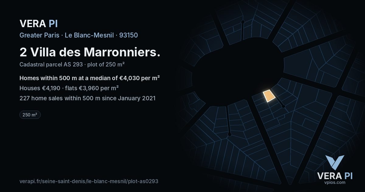 2 Villa des Marronniers, Le Blanc-Mesnil at night – the plot lit, the parcels around coloured by the prices near them
