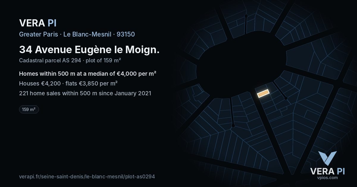 34 Avenue Eugène le Moign, Le Blanc-Mesnil at night – the plot lit, the parcels around coloured by the prices near them