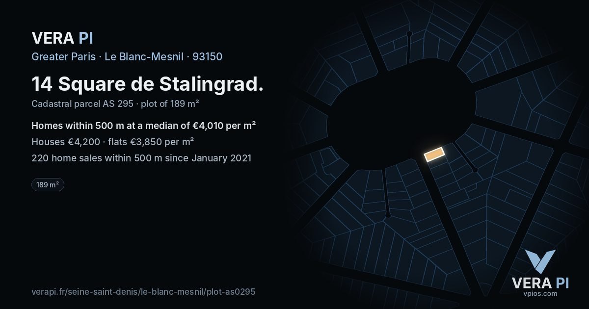 14 Square de Stalingrad, Le Blanc-Mesnil at night – the plot lit, the parcels around coloured by the prices near them