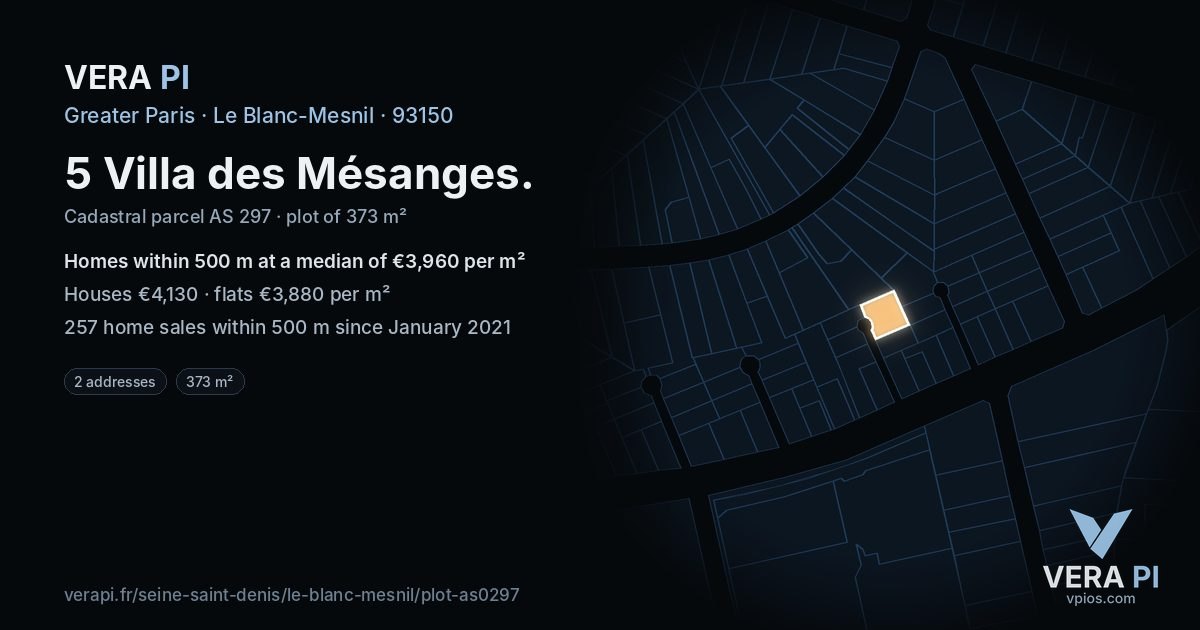 5 Villa des Mésanges, Le Blanc-Mesnil at night – the plot lit, the parcels around coloured by the prices near them