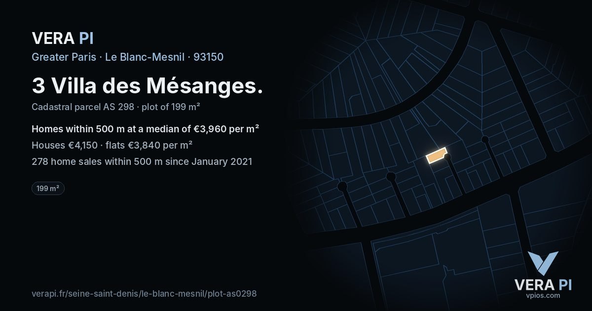 3 Villa des Mésanges, Le Blanc-Mesnil at night – the plot lit, the parcels around coloured by the prices near them
