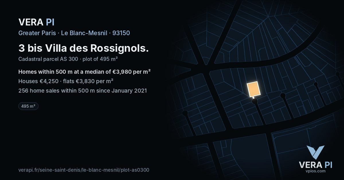 3 bis Villa des Rossignols, Le Blanc-Mesnil at night – the plot lit, the parcels around coloured by the prices near them