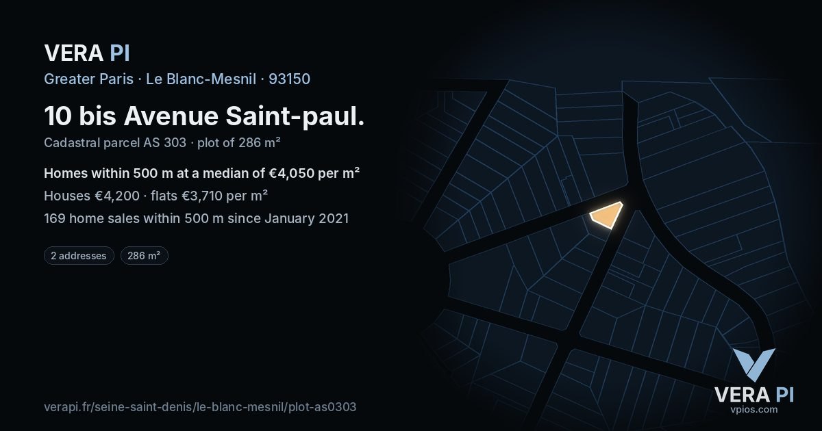 10 bis Avenue Saint-paul, Le Blanc-Mesnil at night – the plot lit, the parcels around coloured by the prices near them