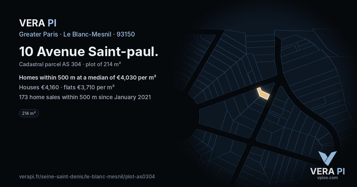 10 Avenue Saint-paul, Le Blanc-Mesnil at night – the plot lit, the parcels around coloured by the prices near them