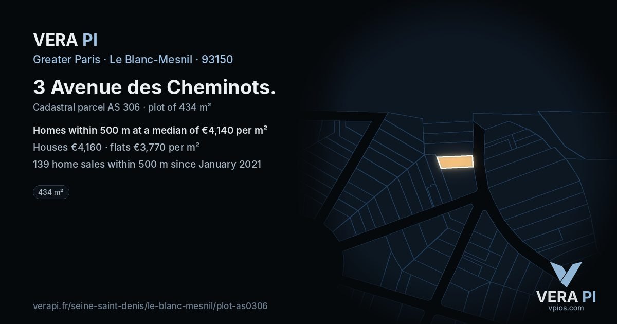 3 Avenue des Cheminots, Le Blanc-Mesnil at night – the plot lit, the parcels around coloured by the prices near them