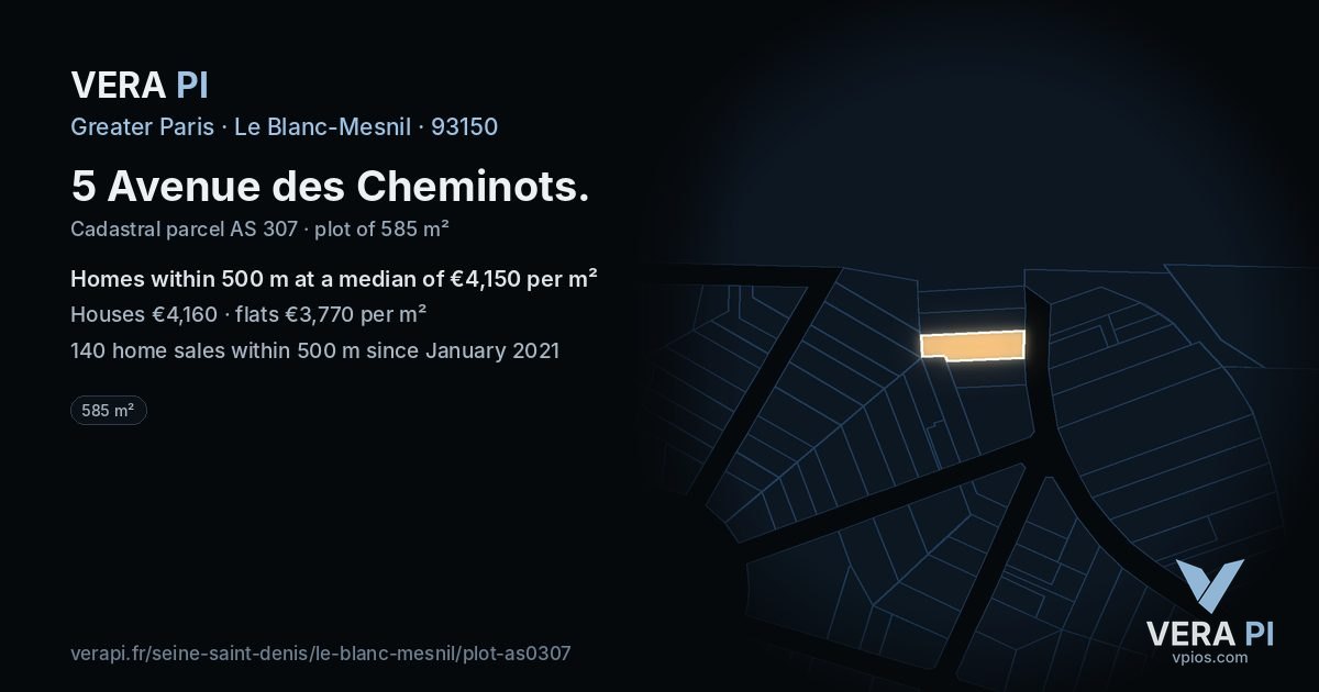 5 Avenue des Cheminots, Le Blanc-Mesnil at night – the plot lit, the parcels around coloured by the prices near them