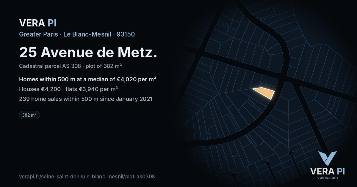 25 Avenue de Metz, Le Blanc-Mesnil at night – the plot lit, the parcels around coloured by the prices near them