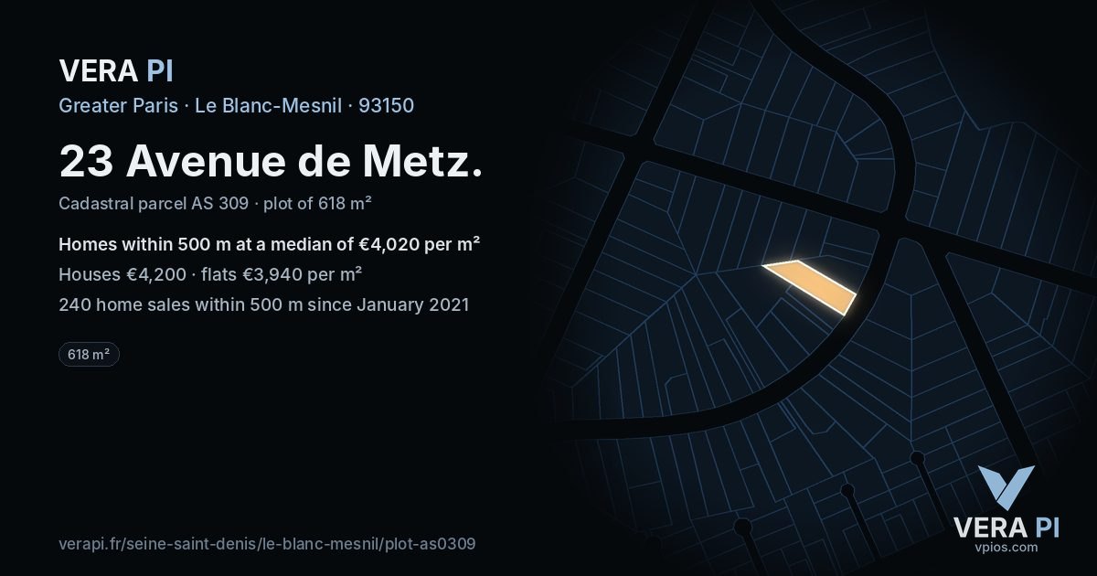 23 Avenue de Metz, Le Blanc-Mesnil at night – the plot lit, the parcels around coloured by the prices near them