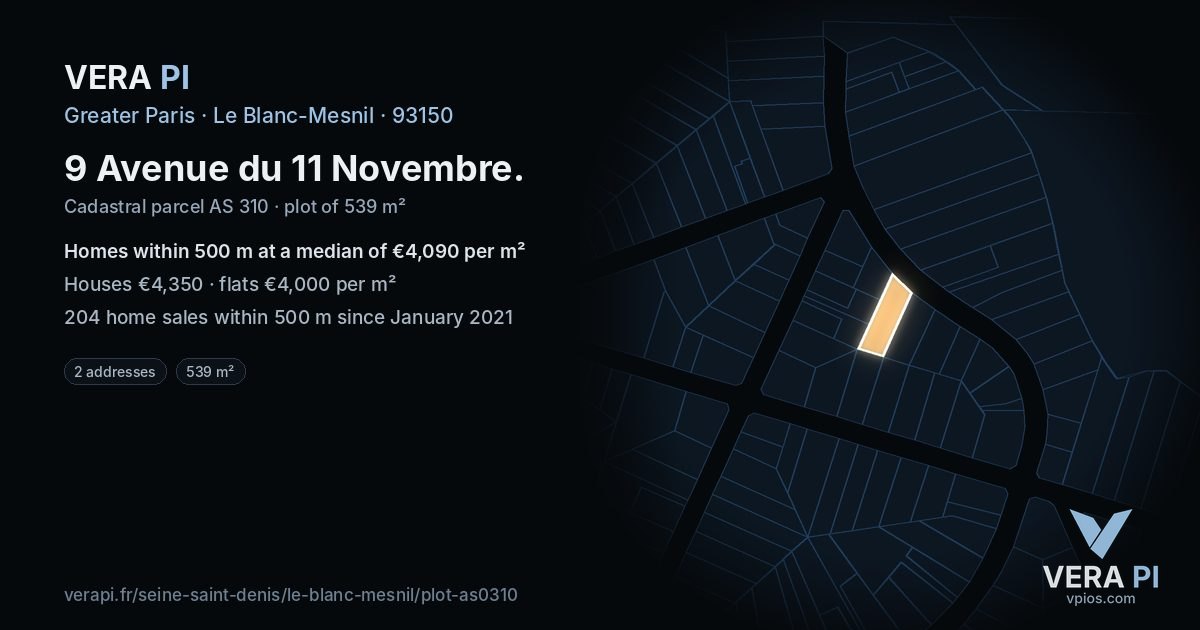 9 Avenue du 11 Novembre, Le Blanc-Mesnil at night – the plot lit, the parcels around coloured by the prices near them
