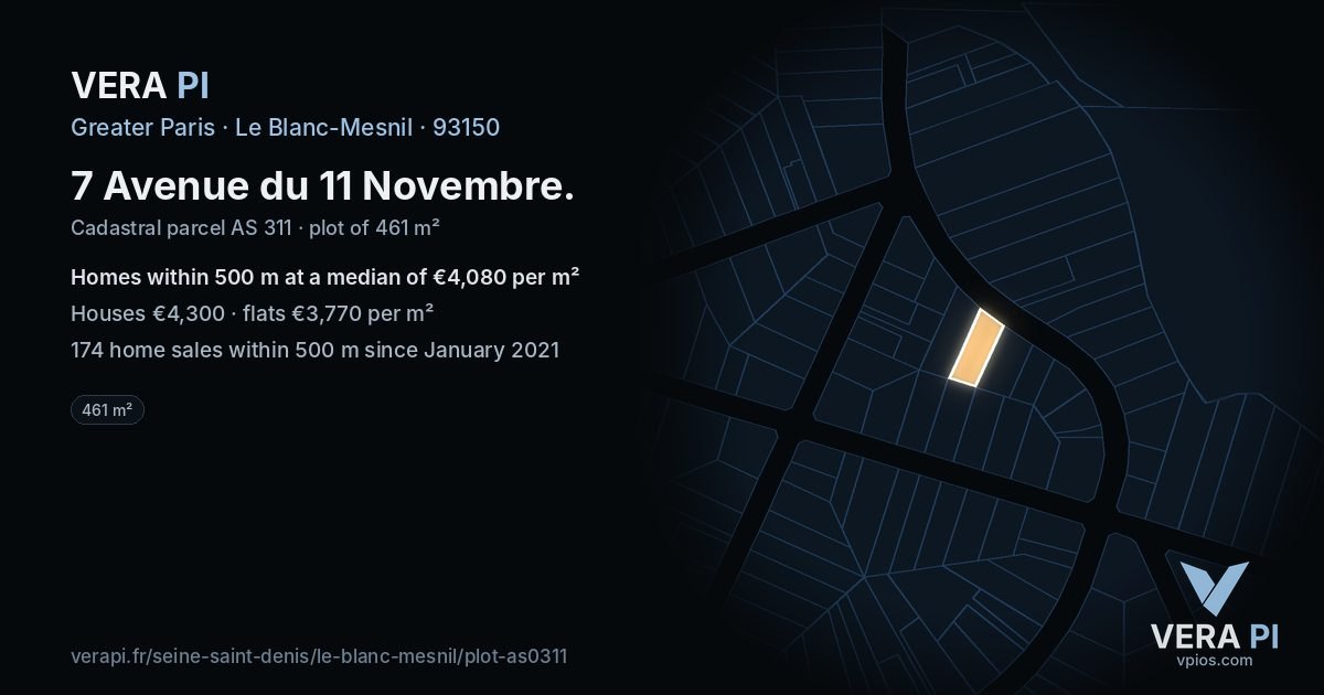 7 Avenue du 11 Novembre, Le Blanc-Mesnil at night – the plot lit, the parcels around coloured by the prices near them