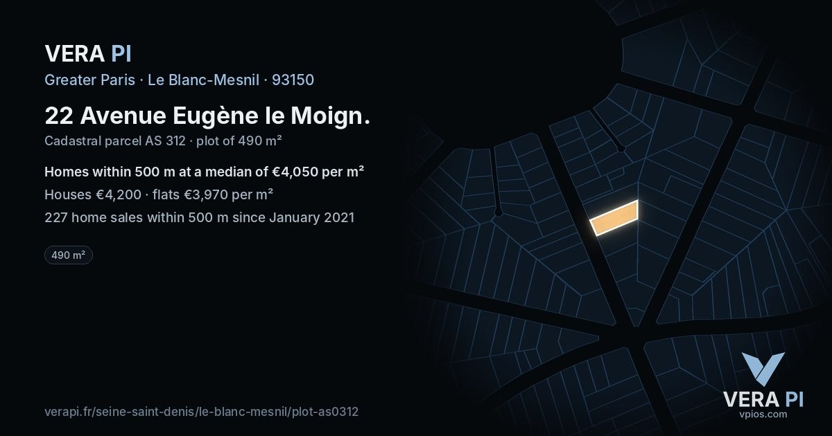 22 Avenue Eugène le Moign, Le Blanc-Mesnil at night – the plot lit, the parcels around coloured by the prices near them