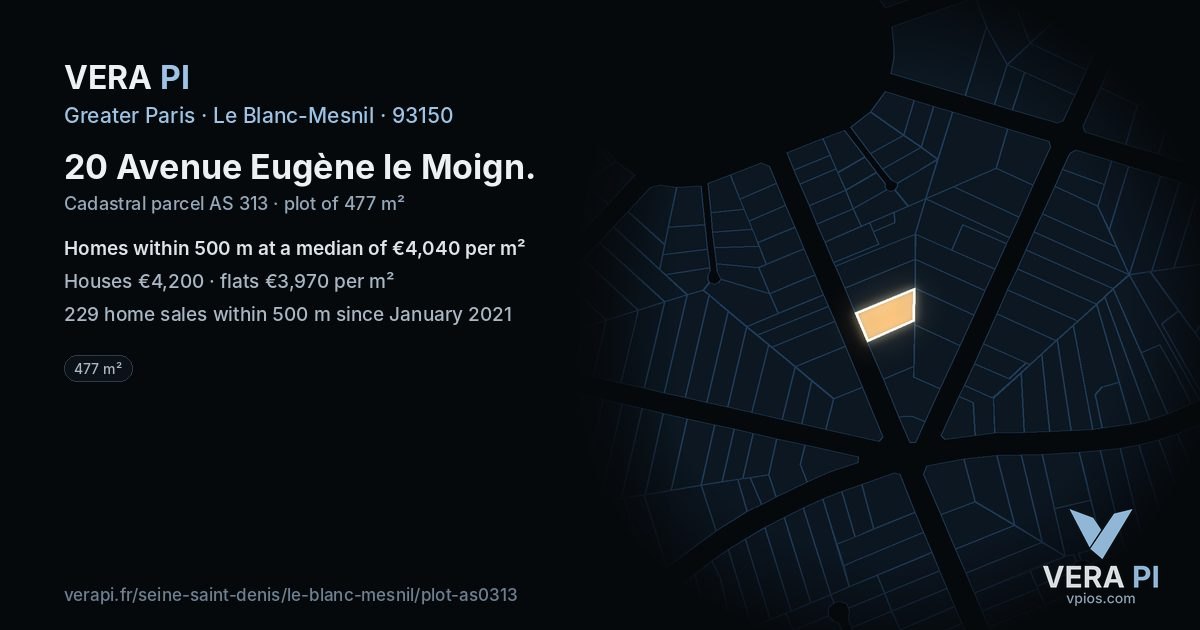 20 Avenue Eugène le Moign, Le Blanc-Mesnil at night – the plot lit, the parcels around coloured by the prices near them