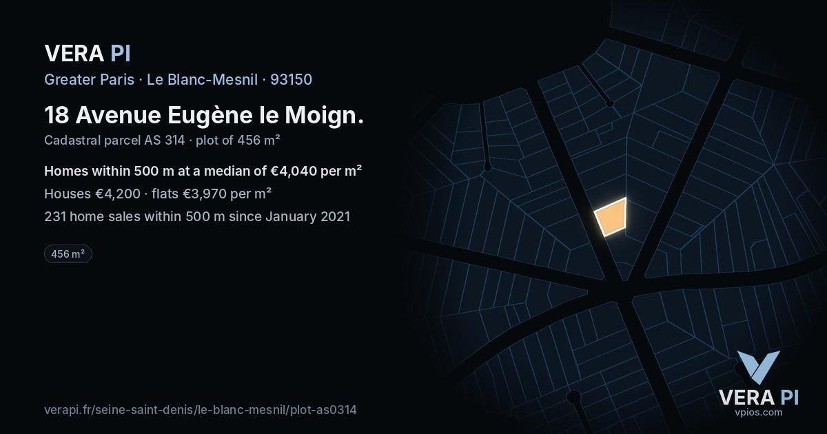 18 Avenue Eugène le Moign, Le Blanc-Mesnil at night – the plot lit, the parcels around coloured by the prices near them