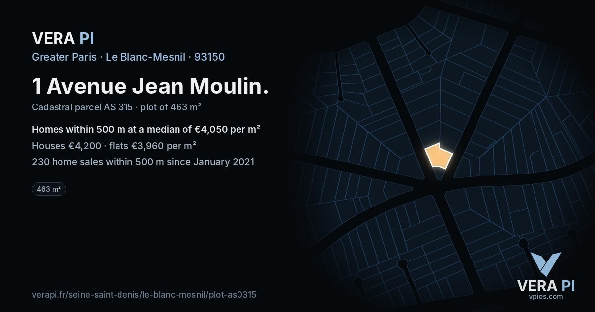 1 Avenue Jean Moulin, Le Blanc-Mesnil at night – the plot lit, the parcels around coloured by the prices near them