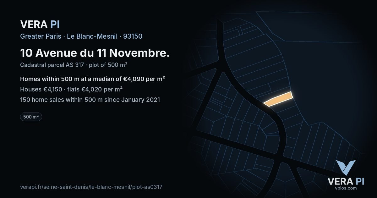10 Avenue du 11 Novembre, Le Blanc-Mesnil at night – the plot lit, the parcels around coloured by the prices near them
