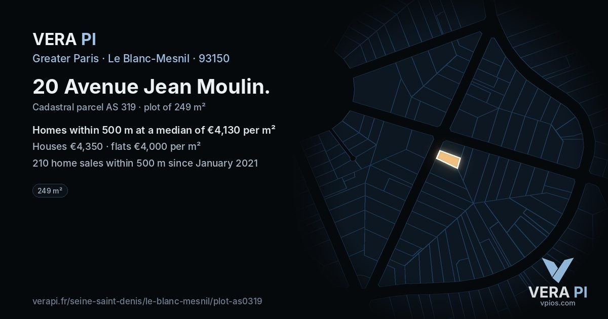 20 Avenue Jean Moulin, Le Blanc-Mesnil at night – the plot lit, the parcels around coloured by the prices near them