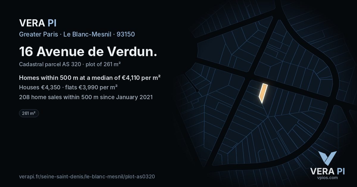 16 Avenue de Verdun, Le Blanc-Mesnil at night – the plot lit, the parcels around coloured by the prices near them