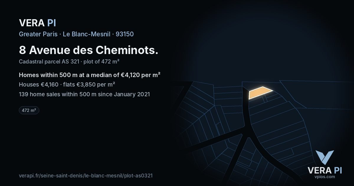 8 Avenue des Cheminots, Le Blanc-Mesnil at night – the plot lit, the parcels around coloured by the prices near them