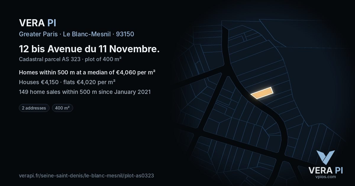 12 bis Avenue du 11 Novembre, Le Blanc-Mesnil at night – the plot lit, the parcels around coloured by the prices near them