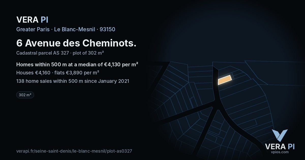 6 Avenue des Cheminots, Le Blanc-Mesnil at night – the plot lit, the parcels around coloured by the prices near them