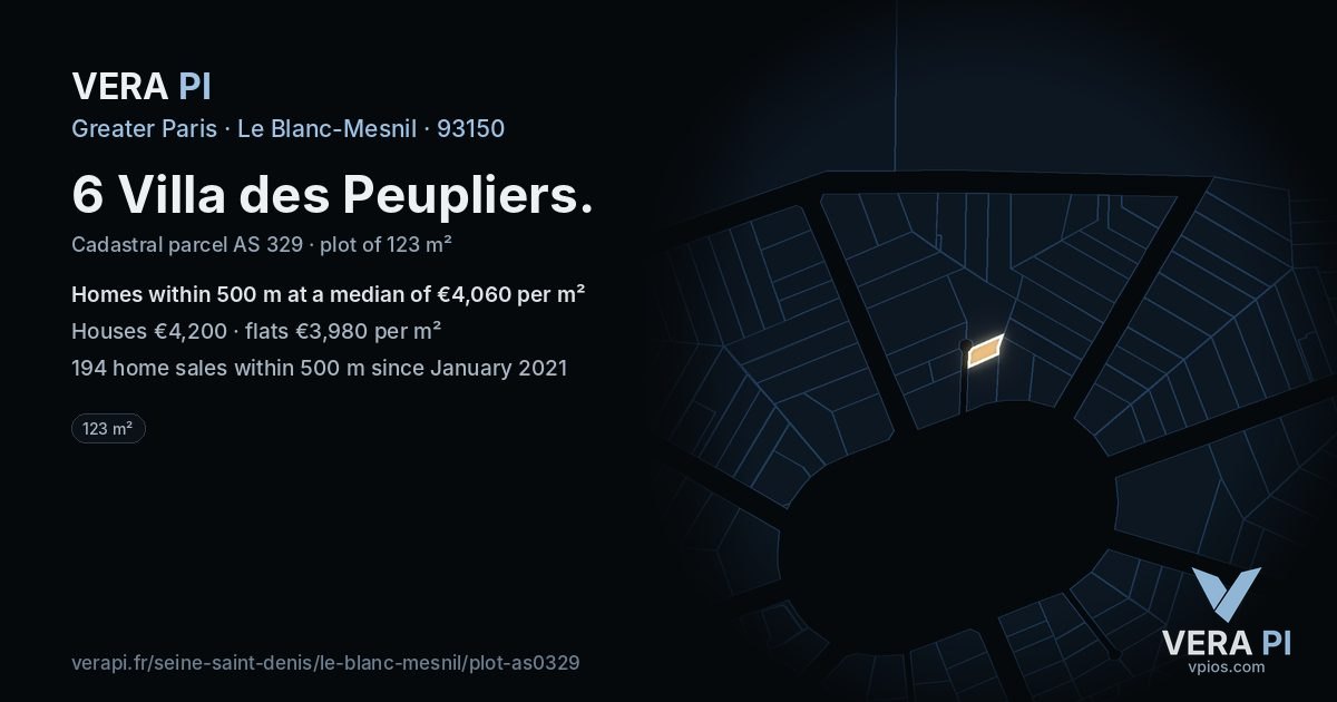 6 Villa des Peupliers, Le Blanc-Mesnil at night – the plot lit, the parcels around coloured by the prices near them