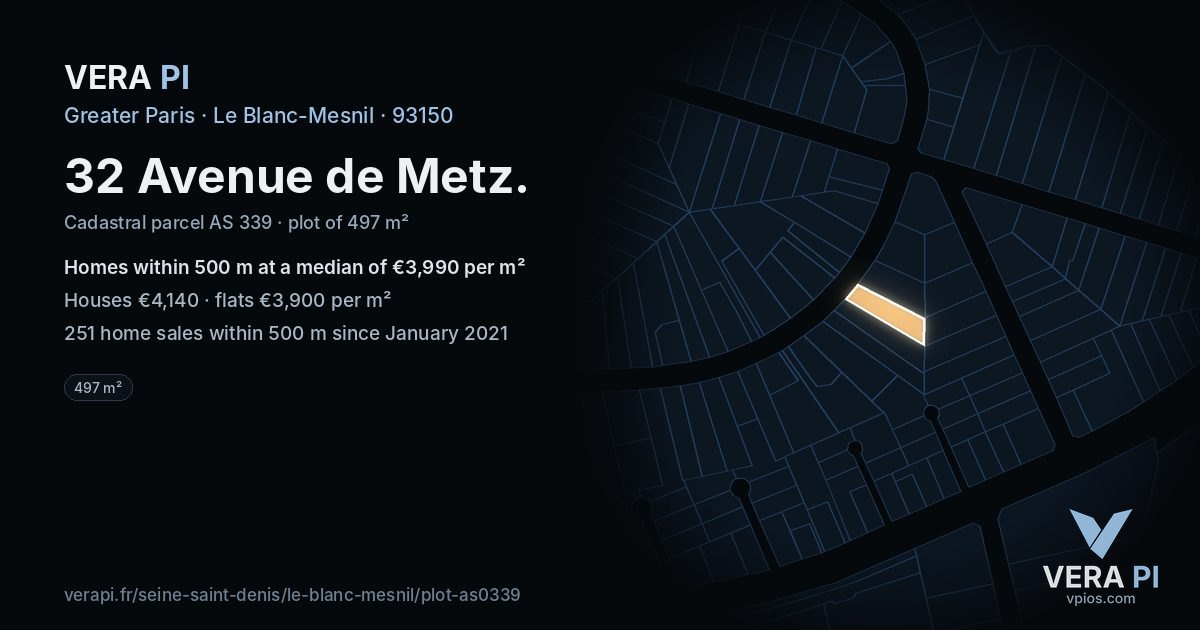 32 Avenue de Metz, Le Blanc-Mesnil at night – the plot lit, the parcels around coloured by the prices near them