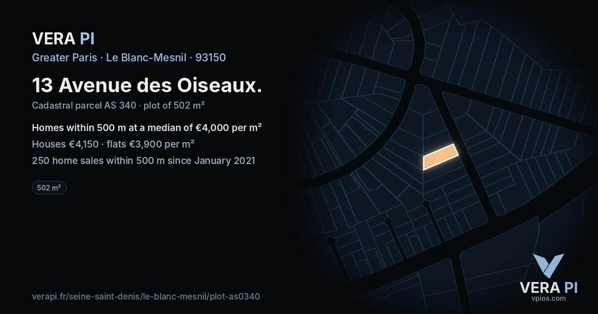 13 Avenue des Oiseaux, Le Blanc-Mesnil at night – the plot lit, the parcels around coloured by the prices near them