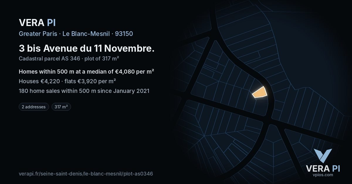 3 bis Avenue du 11 Novembre, Le Blanc-Mesnil at night – the plot lit, the parcels around coloured by the prices near them